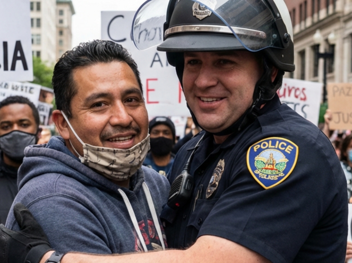 Community members embracing during a peaceful demonstration, showing unity between civilians and police